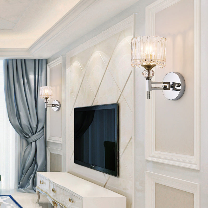 Modernist Style Clear Glass Wall Light Sconce With Crystal Deco In Chrome Finish - 1 Bulb