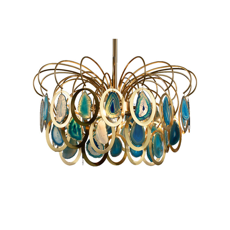 Modern Green Peacock Feather Chandelier - 5-Head Iron Ceiling Pendant With Agate Accents