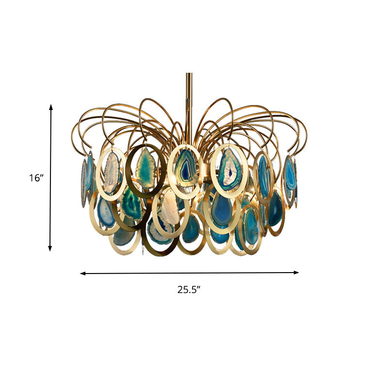 Modern Green Peacock Feather Chandelier - 5-Head Iron Ceiling Pendant With Agate Accents