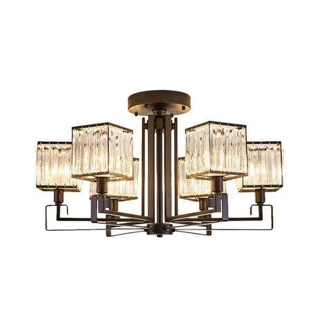 Vintage Style Black Square Metal Ceiling Light Fixture With Crystal Prism - 4/6/8 Lights Ideal For
