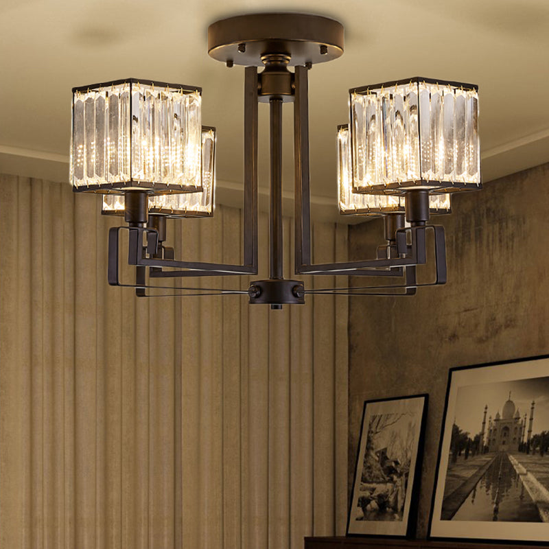 Vintage Style Black Square Metal Ceiling Light Fixture With Crystal Prism - 4/6/8 Lights Ideal For