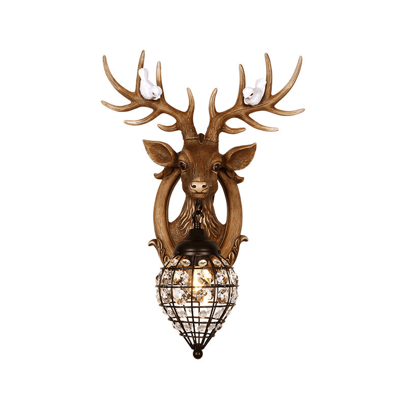 Deer Head Wall Lamp: Countryside Resin Sconce With Lantern Crystal Shade In White/Brown