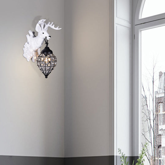 Deer Head Wall Lamp: Countryside Resin Sconce With Lantern Crystal Shade In White/Brown
