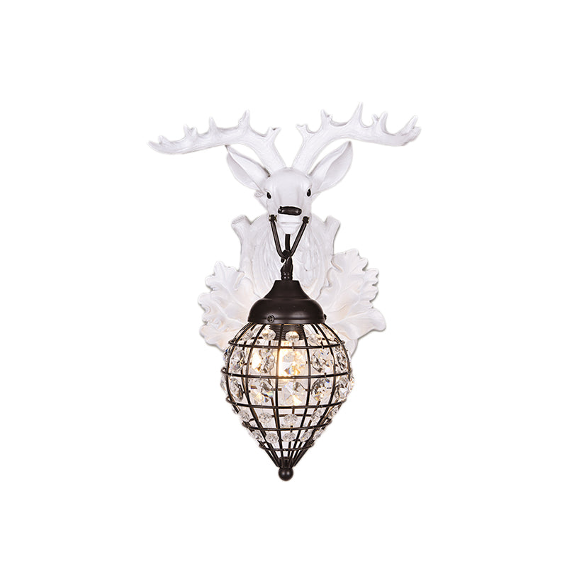 Deer Head Wall Lamp: Countryside Resin Sconce With Lantern Crystal Shade In White/Brown