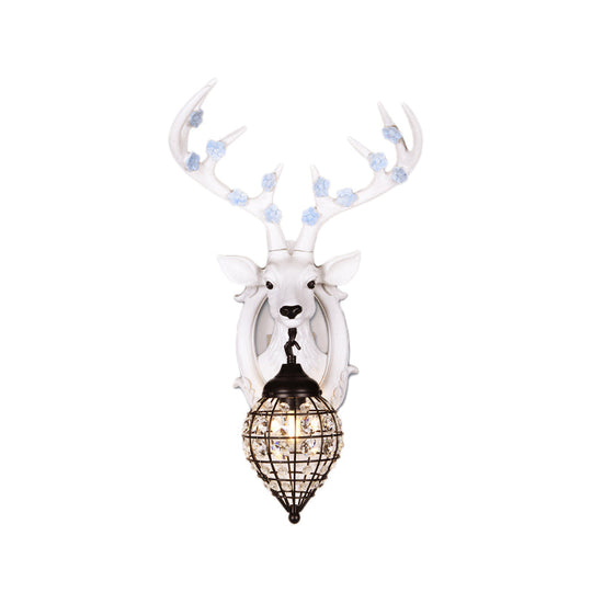Deer Head Wall Lamp: Countryside Resin Sconce With Lantern Crystal Shade In White/Brown