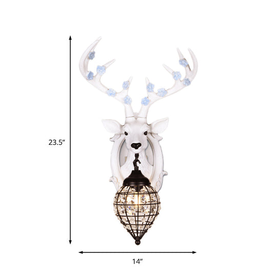Deer Head Wall Lamp: Countryside Resin Sconce With Lantern Crystal Shade In White/Brown