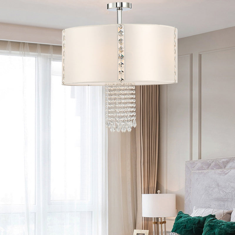 Modern 5-Light Chandelier With White Fabric Shade & Crystal Accents