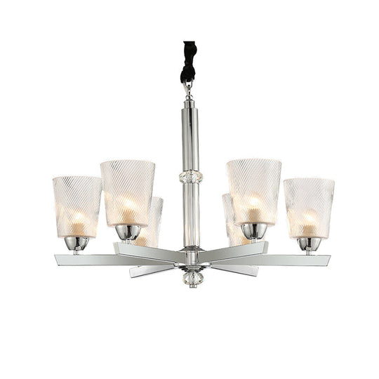 Modern Ribbed Glass Chandelier Pendant - Chrome Finish 6 Lights For Living Room Ceiling