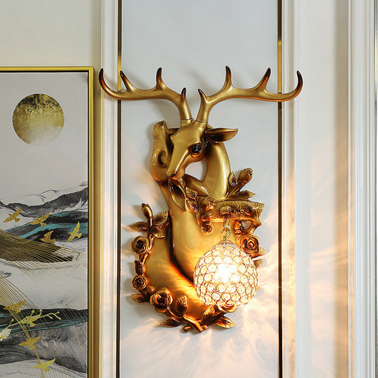 Loft Style Wall Mounted Sconce With Clear Crystal Shade Blue/Gold Finish And Deer Head Accent Gold