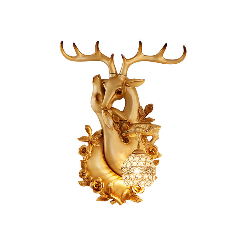 Loft Style Wall Mounted Sconce With Clear Crystal Shade Blue/Gold Finish And Deer Head Accent