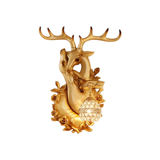 Loft Style Wall Mounted Sconce With Clear Crystal Shade Blue/Gold Finish And Deer Head Accent