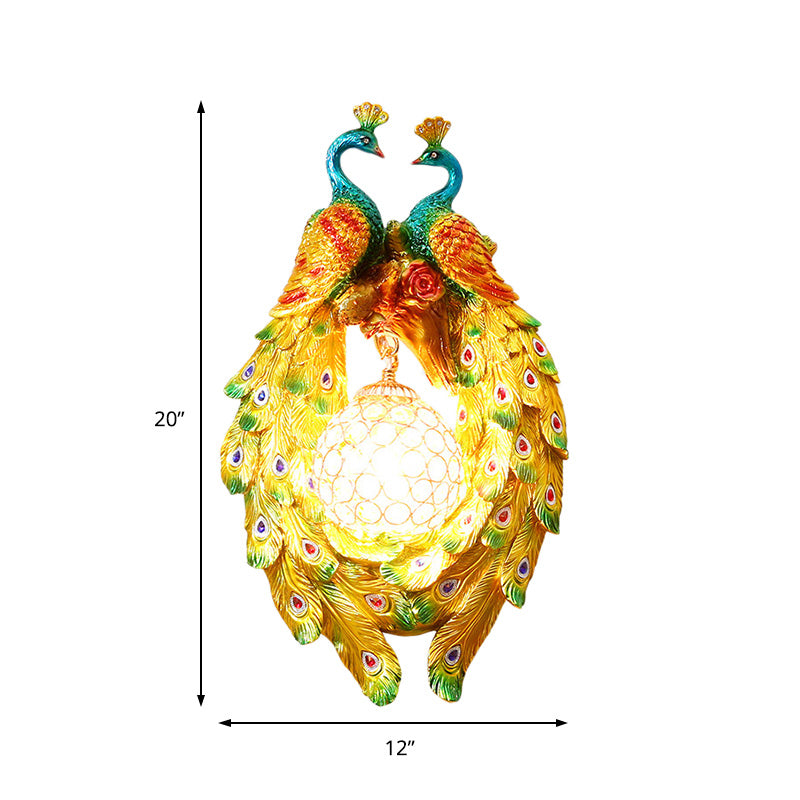 Country Style Peacock Wall Sconce With Crystal Shade For Bedroom - Yellow Resin 1-Light Lamp