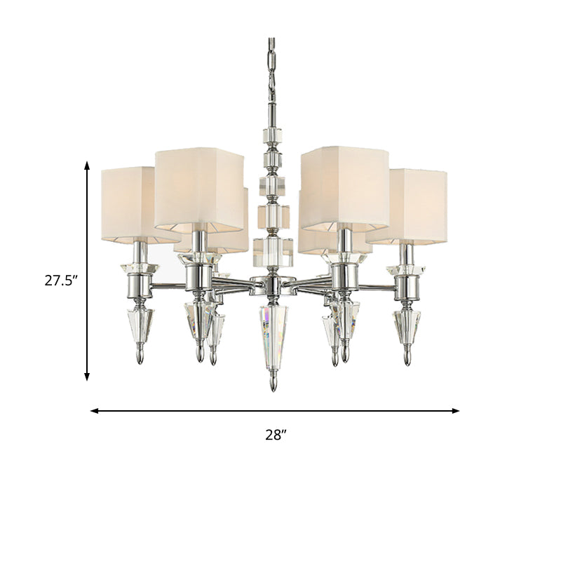 Modern Iron Cube Ceiling Pendant With 6 Lights & Fabric Shade - Chrome Hanging Chandelier Fixture