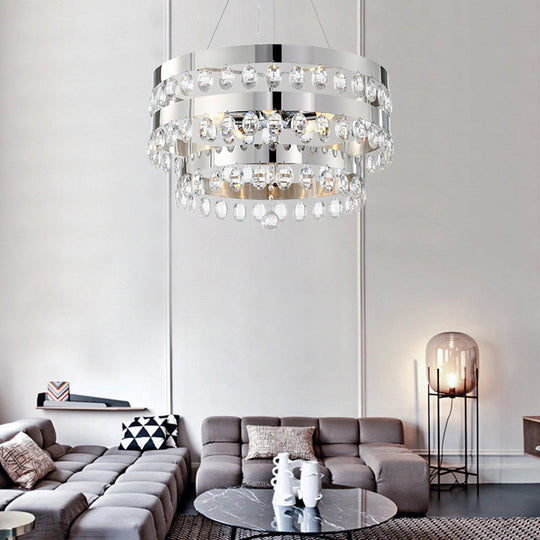 Contemporary Crystal Multi-Layer Chandelier Pendant With 5 Lights - Silver Suspension Lamp For