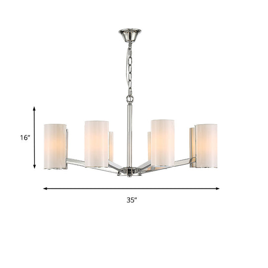 Contemporary White Glass Cylindrical Chandelier - 8-Light Silver Ceiling Pendant Lamp With