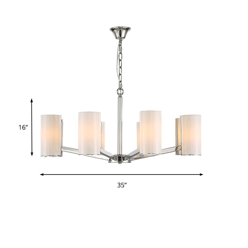 Contemporary White Glass Cylindrical Chandelier - 8-Light Silver Pendant Lamp With Adjustable Chain