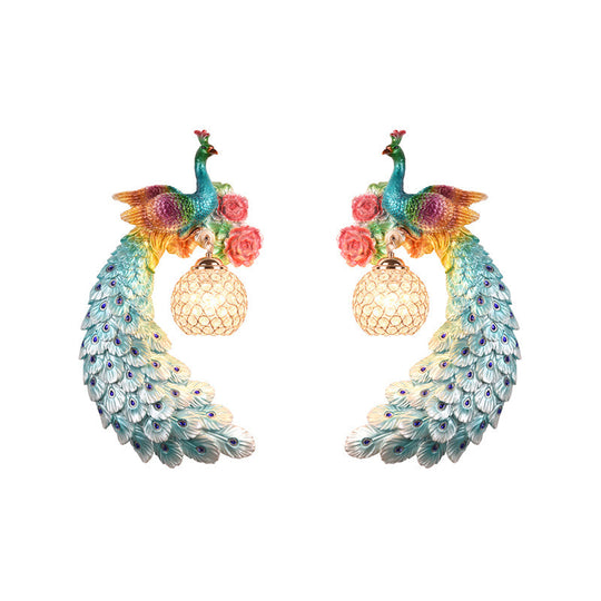 Blue/Green Peacock Wall Light Fixture - 1/2-Pack Retro Style Resin Lamp With Crystal Global Shade