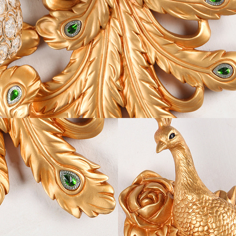 Blue/Gold Peacock Wall Lamp - Country Resin Sconce Lighting With Crystal Globe Shade (1/2-Pack)