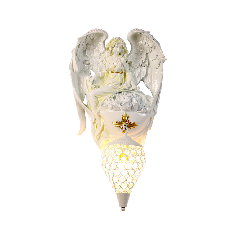 Modern White Resin Bedroom Angel Wall Light With Crystal Shade