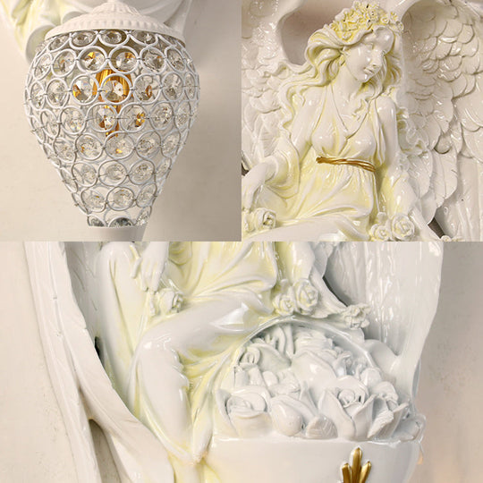 Modern White Resin Bedroom Angel Wall Light With Crystal Shade
