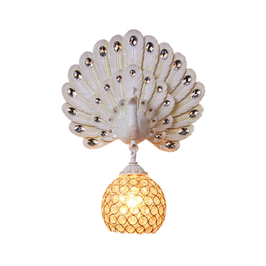 Retro Stylish Wall Sconce With Clear Crystal And Peacock Backplate In Silver/White