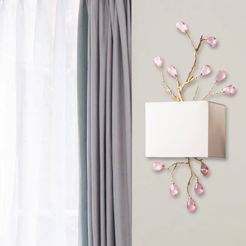 Modern White Fabric Square Wall Mount Lamp With Pink Crystal Accent - 2 Lights Sconce