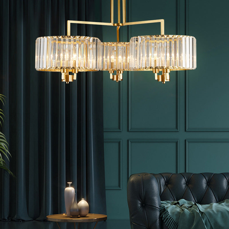 Contemporary Gold Drum Chandelier With Clear Crystal - 3/6/9 Head Suspension Light For Living Room