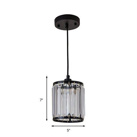 Cylinder Pendant Lamp - Modern Black Hanging Ceiling Light With Crystal Accent
