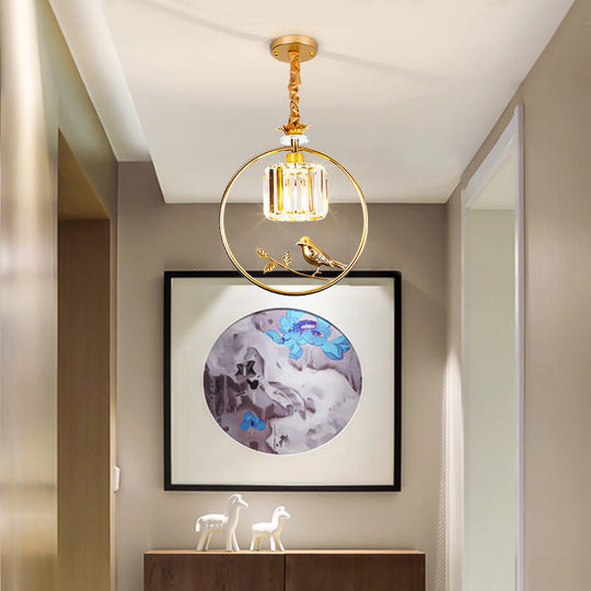 Vintage Style Clear Crystal Drum Ceiling Light With Bird Accent In Black/Gold Gold