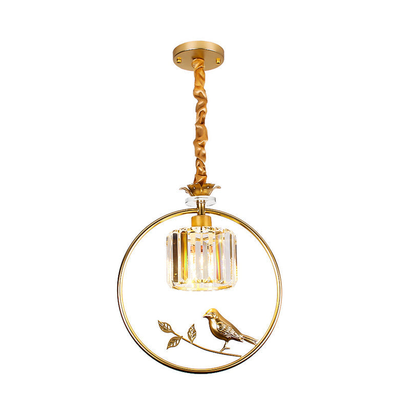 Vintage Style Clear Crystal Drum Ceiling Light With Bird Accent In Black/Gold