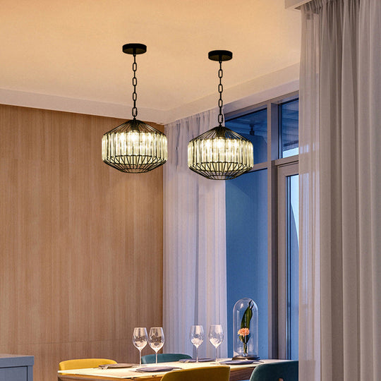 Wire Geometric Suspension Light With Crystal Block Accent - Modern Black Ceiling Pendant