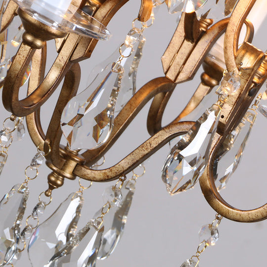 French Country Candle Chandelier With Crystal Drops - 4-Light Brass Pendant Fixture For Hallway