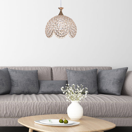 Contemporary Gold Ruffled Edge Crystal Pendant Lamp - 1 Light Dome Suspension Clear Various Sizes /