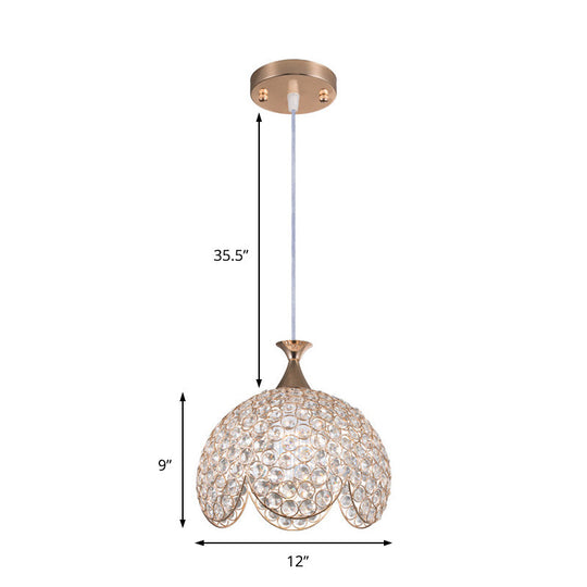 Contemporary Clear Crystal Pendant Light With Gold Ruffled Edge - 1 Dome Suspension Lamp (8/10/12 W)