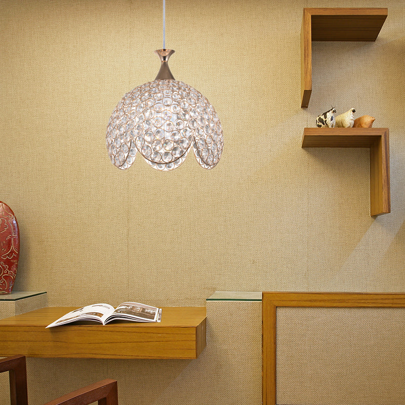 Contemporary Gold Ruffled Edge Crystal Pendant Lamp - 1 Light Dome Suspension Clear Various Sizes /