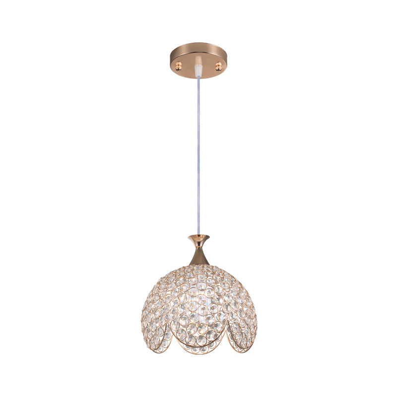 Contemporary Gold Ruffled Edge Crystal Pendant Lamp - 1 Light Dome Suspension Clear Various Sizes
