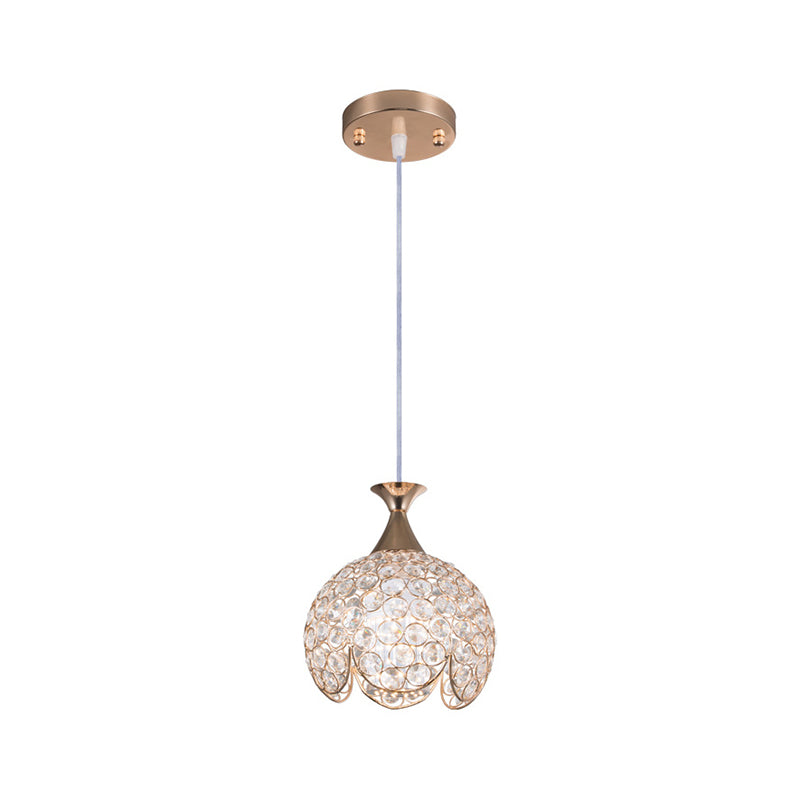Contemporary Gold Ruffled Edge Crystal Pendant Lamp - 1 Light Dome Suspension Clear Various Sizes