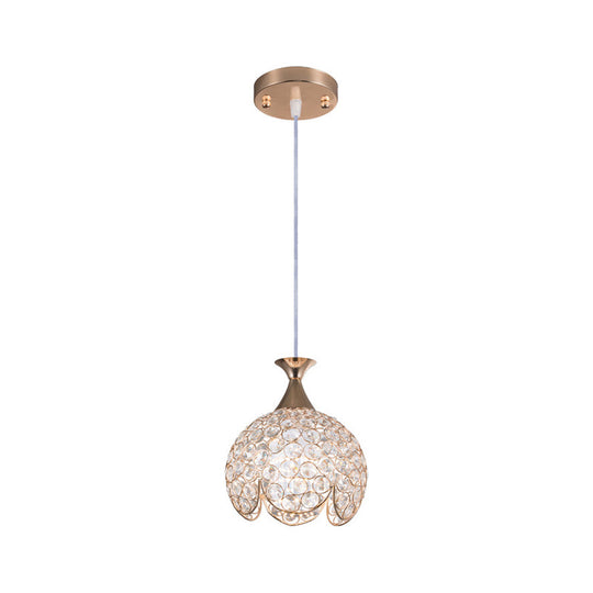 Contemporary Gold Ruffled Edge Crystal Pendant Lamp - 1 Light Dome Suspension Clear Various Sizes