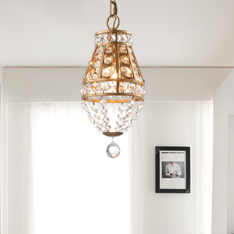 Vintage Style Teardrop Ceiling Pendant Lamp With Crystal Suspension For Corridor - Brass Finish