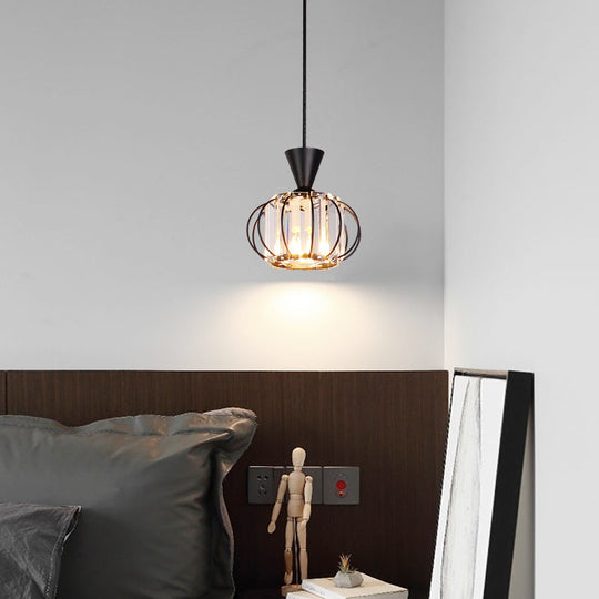 Modern Crystal Prism Pendant Light With Lantern Shade In Black/Gold For Bedroom