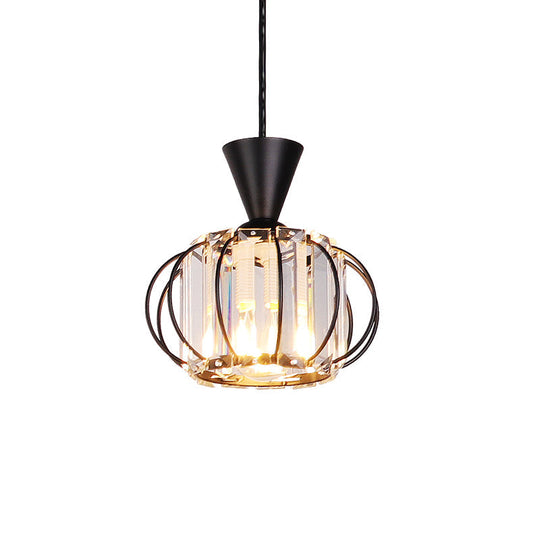 Crystal Prism Pendant Light With Modern Lantern Shade In Black/Gold For Bedroom