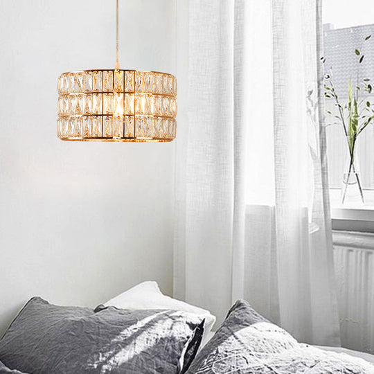 Golden Drum Crystal Hanging Lamp - Modern 1-Light Fixture For Dining Table Gold
