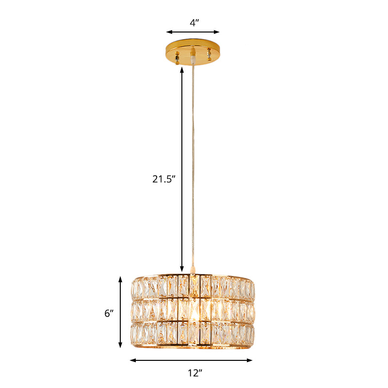 Golden Drum Crystal Hanging Lamp - Modern 1-Light Fixture For Dining Table