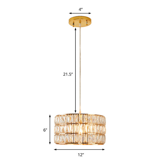 Golden Drum Crystal Hanging Lamp - Modern 1-Light Fixture For Dining Table