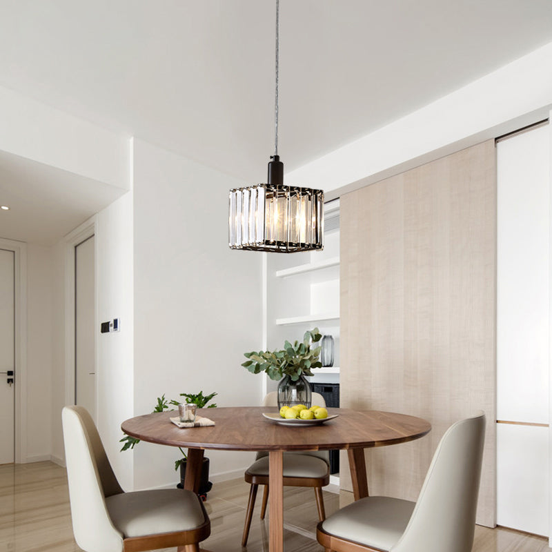 Contemporary Black Crystal Pendant Lamp - Cubic Dining Room Ceiling Light