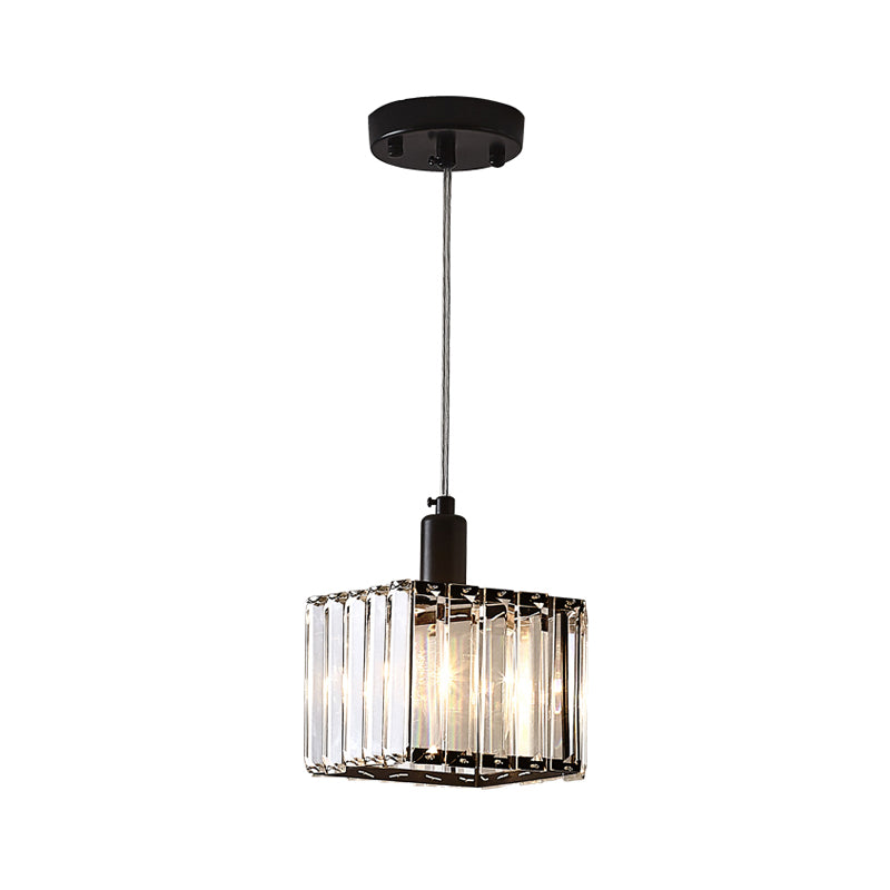 Contemporary Cubic Dining Room Pendant Lamp - 1 Light Black Ceiling With Clear Crystal Block
