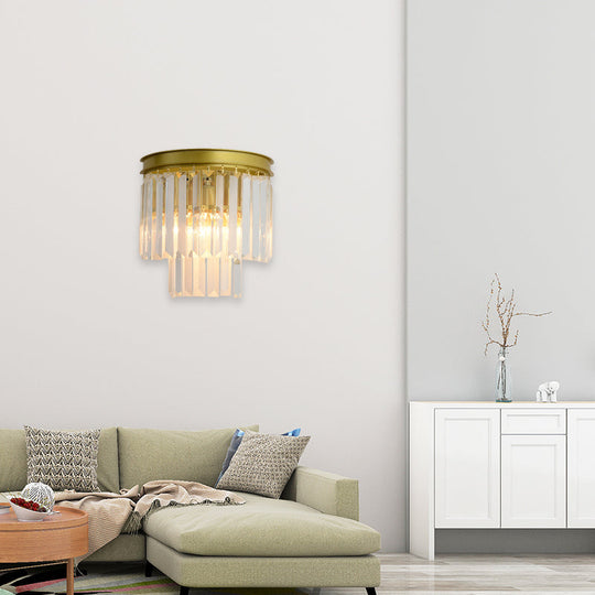 Modernist Style Gold Wall Lamp With Clear Faceted Crystal And 2 Bulbs - Elegant Light Fixture