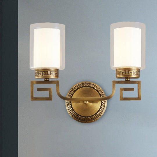 Traditional Brass Wall Sconce Light With Clear And White Dual Cylinder Glass Bulbs
