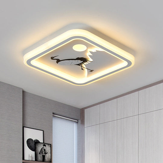 Modern Acrylic Led Ceiling Fixture: Square/Round Flush Mount With White Finish And Bird/Tree