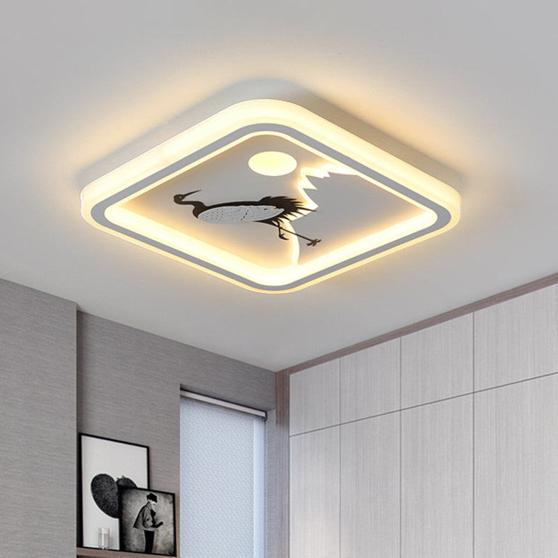 Modern Acrylic Led Ceiling Fixture: Square/Round Flush Mount With White Finish And Bird/Tree Pattern